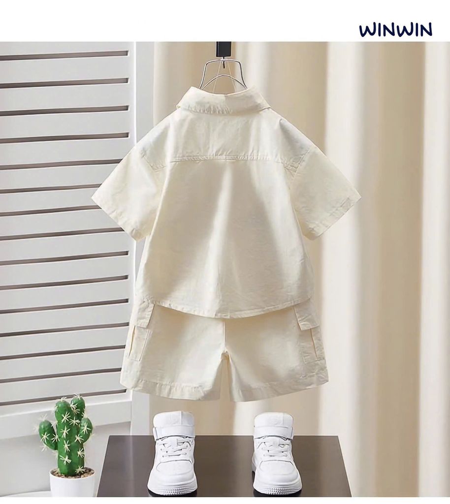 Set Sơ Mi Linen Cổ Bẻ Túi Logo Vogue Phong Cách Hàn Quốc Bé Trai Nexxi