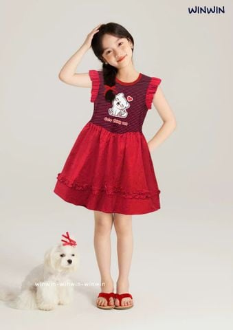 Đầm Linen Xoè Phối Sọc In Mèo Dễ Thương Bé Gái Nexxi