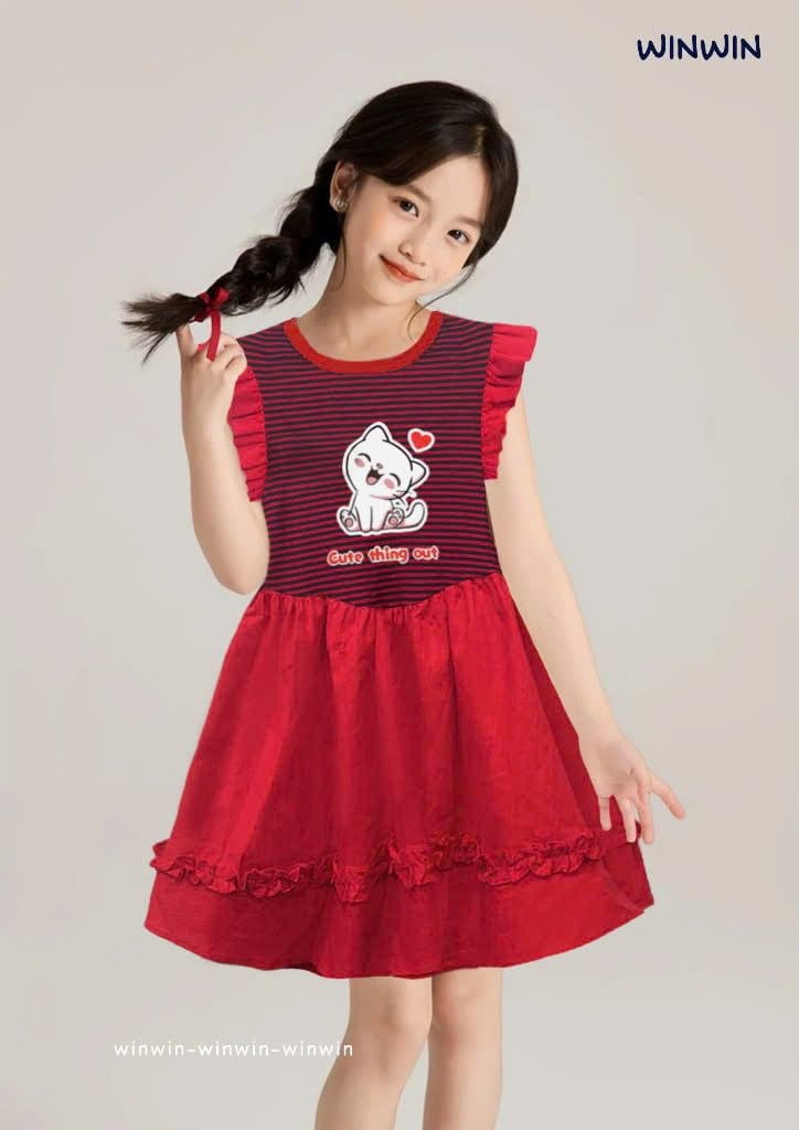 Đầm Linen Xoè Phối Sọc In Mèo Dễ Thương Bé Gái Nexxi