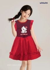 Đầm Linen Xoè Phối Sọc In Mèo Dễ Thương Bé Gái Nexxi