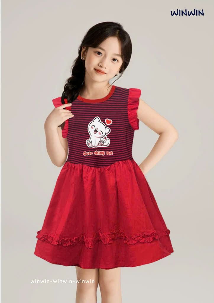 Đầm Linen Xoè Phối Sọc In Mèo Dễ Thương Bé Gái Nexxi