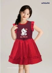 Đầm Linen Xoè Phối Sọc In Mèo Dễ Thương Bé Gái Nexxi