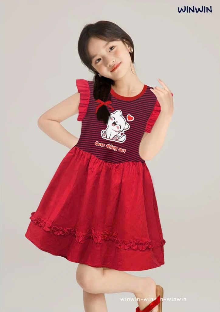 Đầm Linen Xoè Phối Sọc In Mèo Dễ Thương Bé Gái Nexxi