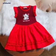 Đầm Linen Xoè Phối Sọc In Mèo Dễ Thương Bé Gái Nexxi