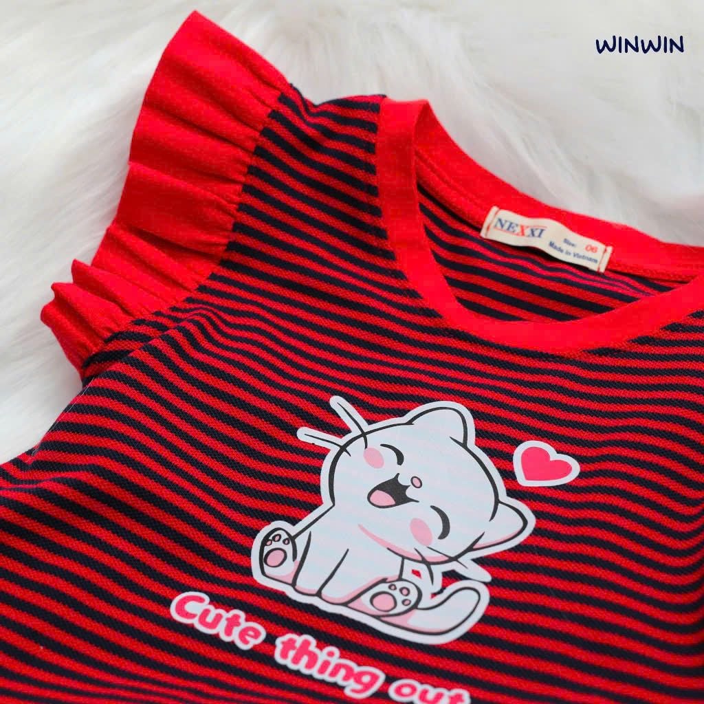 Đầm Linen Xoè Phối Sọc In Mèo Dễ Thương Bé Gái Nexxi