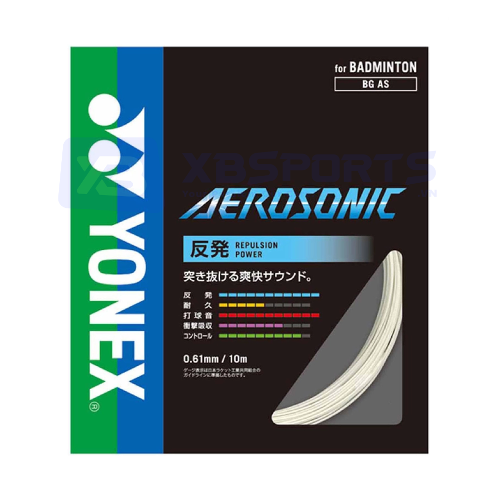 Bao bì cước căng vợt Yonex Aerosonic bản nội địa Nhật, nền đen với dải xanh lá và xanh dương bên trái, chữ YONEX dọc màu trắng, chữ AEROSONIC gradient xanh, nhãn for BADMINTON BG AS, biểu đồ 5 thanh thông số tiếng Nhật, ghi 0.61mm 10m và hình cuộn cước màu trắng