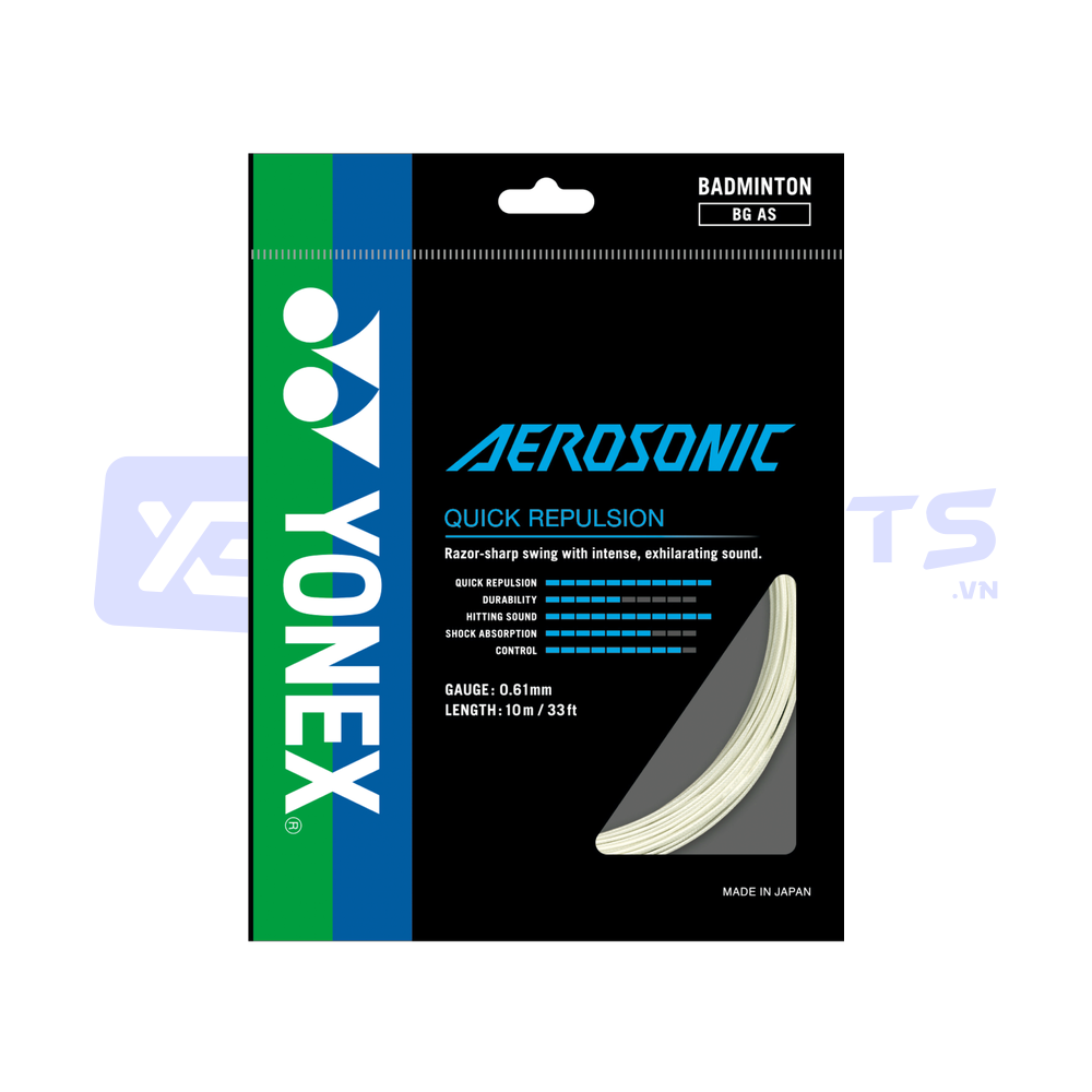 Vỉ cước căng vợt cầu lông Yonex Aerosonic BG AS, bao bì nền đen viền xanh lá và xanh dương, logo YONEX trắng, chữ AEROSONIC màu xanh cyan và dòng QUICK REPULSION, ghi GAUGE 0.61mm LENGTH 10m 33ft, MADE IN JAPAN, cuộn cước màu trắng bên trong