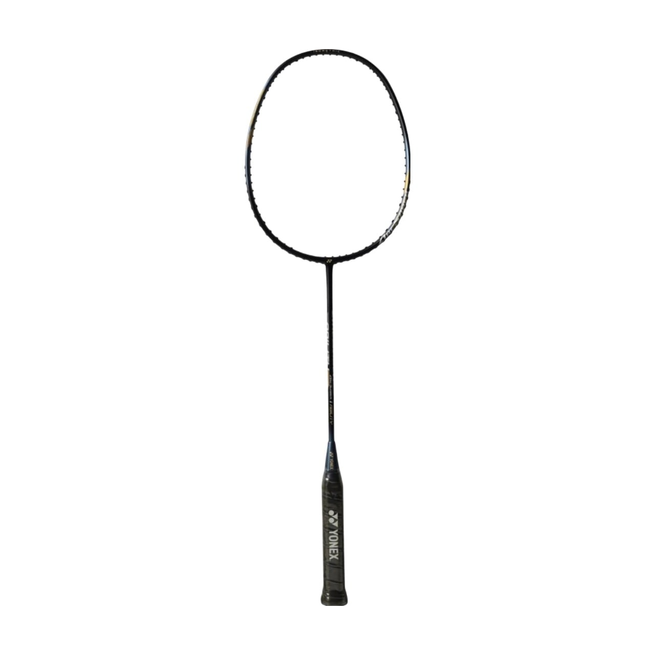 Vợt cầu lông Yonex Arcsaber 1 Ability màu đen xám, khung oval đen với viền vàng gold ở vị trí 10 giờ, dây trắng, logo YY bạc dưới khung, cán quấn đen in chữ YONEX