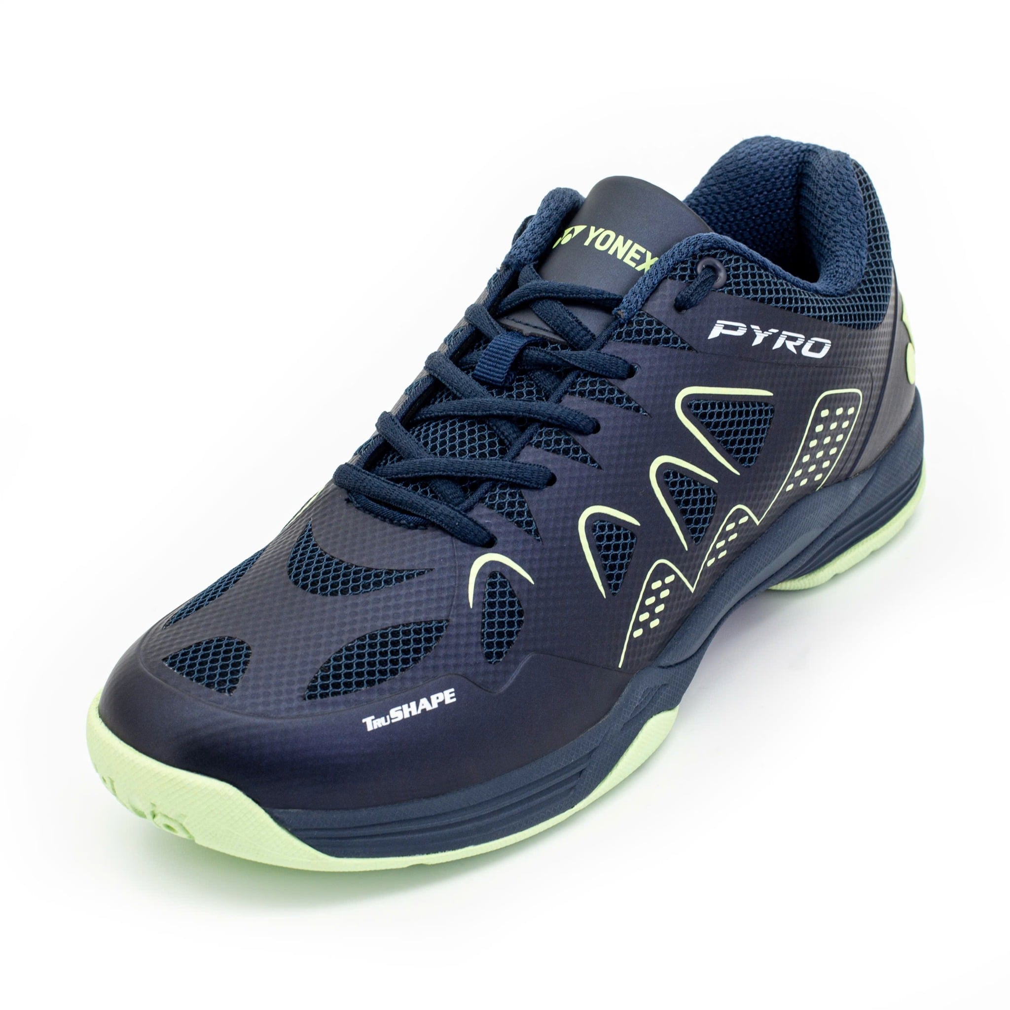 Giày cầu lông Yonex Pyro màu xanh navy đậm phối xanh lá nhạt, thân giày navy có họa tiết xanh nõn chuối, chữ PYRO trắng ở gót, đế màu xanh lá nhạt