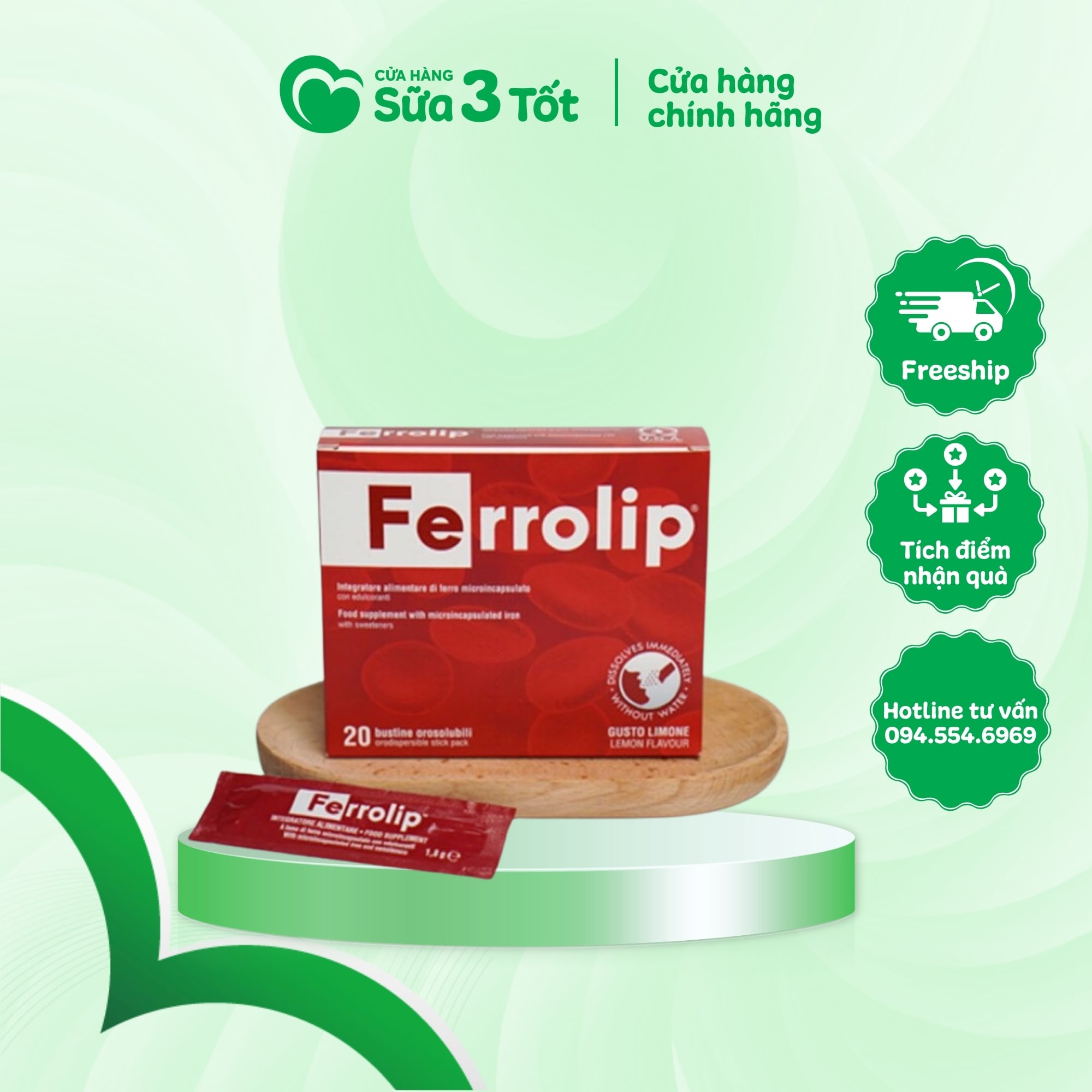 Sắt Sinh Học Ferrolip - Italy - Hộp 20 Gói