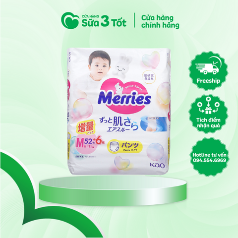 Bỉm Merries - Quần - M52+6 (6-11Kg) - Nội Địa Nhật
