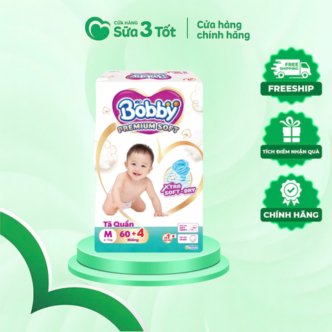 Bỉm Bobby Premium Soft - Quần - M60+4 (6-11Kg