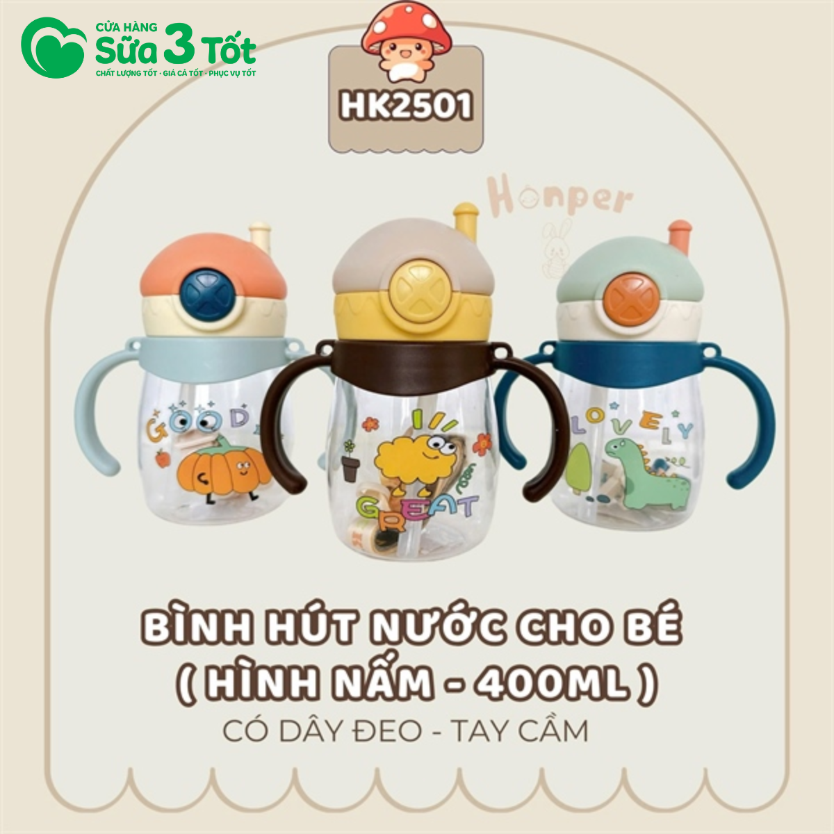 Bình Hút Nước Cho Bé Hình Nấm Honper - HK2501 - 400ML - Các Hình