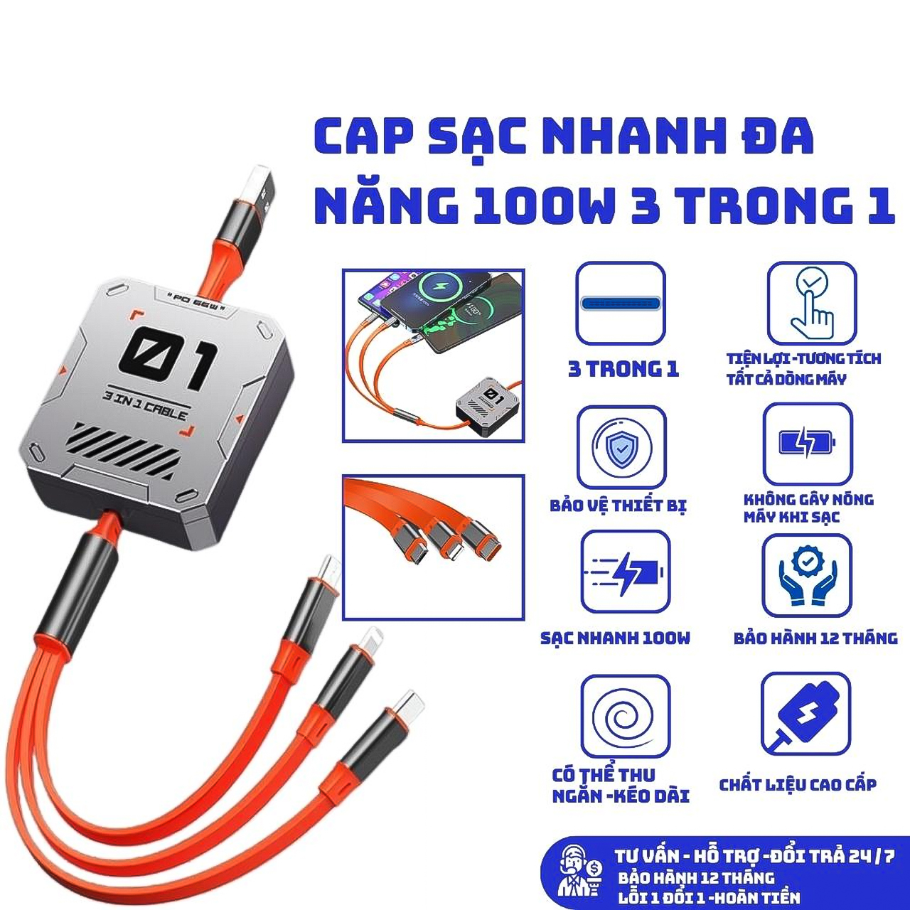 Day Cap Sac Nhanh 100W 3 Trong 1 6A 2