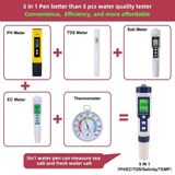  Bút đo độ mặn - Kiểm tra chất lượng nước 5 trong 1 - pH/TDS/EC - Kèm 3 gói pH tiêu chuẩn 
