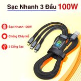  Dây Sạc Tự Ngắt Dây Cáp Sạc Dữ Liệu Sạc Nhanh 100W Micro USB Type C 3 Trong 1 6A 