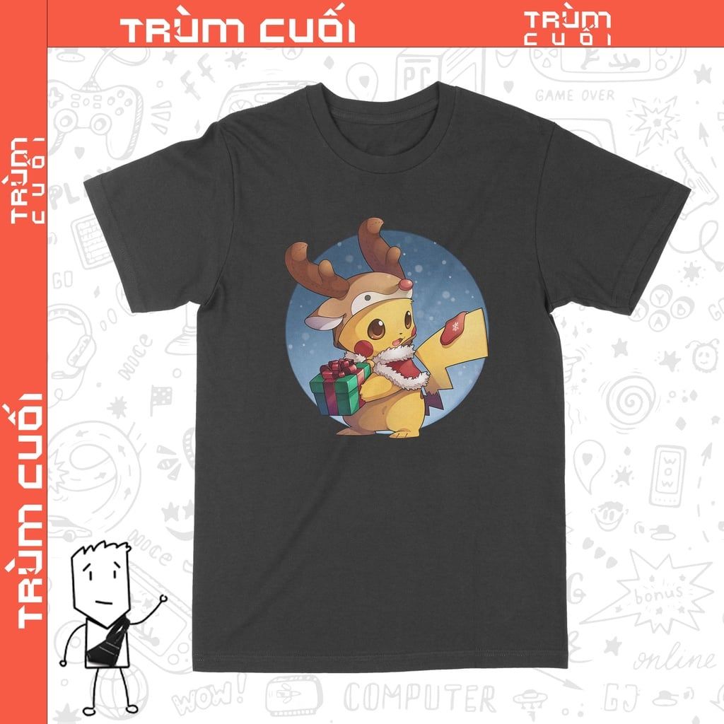  Áo thun Pikachu Tuần lộc, Trùm Cuối Christmas Cine, Cotton 100% 2 màu nam nữ 0180 