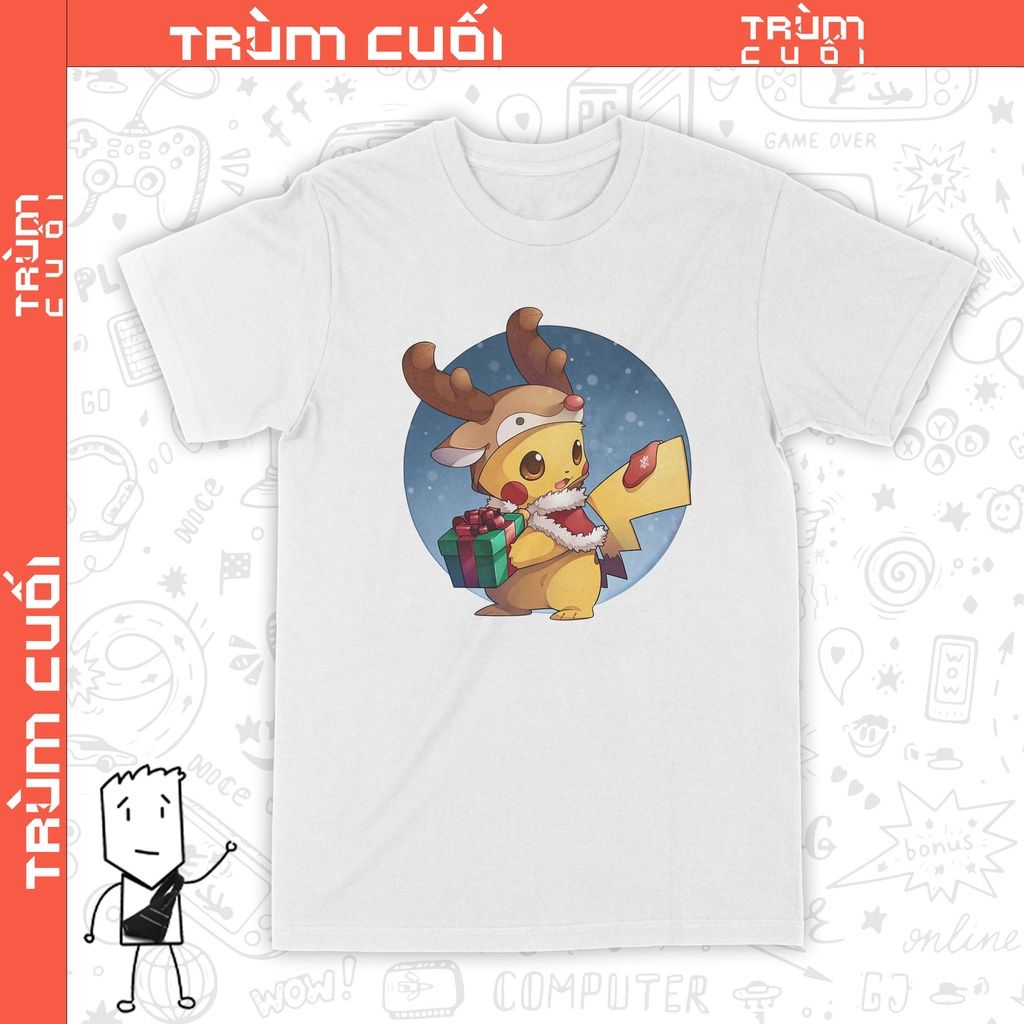  Áo thun Pikachu Tuần lộc, Trùm Cuối Christmas Cine, Cotton 100% 2 màu nam nữ 0180 
