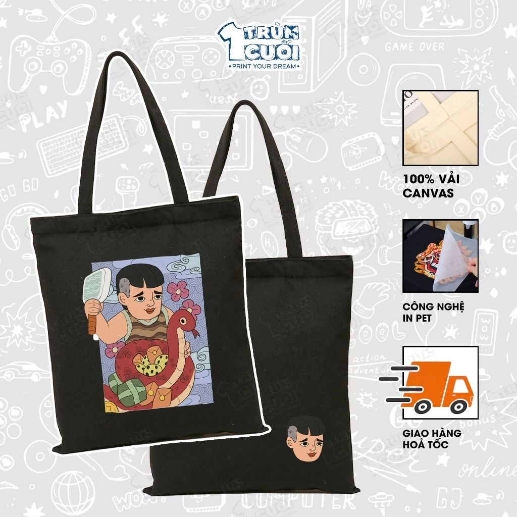  Túi Tote Đăng Hoả Chi Thần, Trùm Cuối 2025, 100% vải Canvas 35x40 cm - Unisex Nam Nữ 2 màu đen trắng 