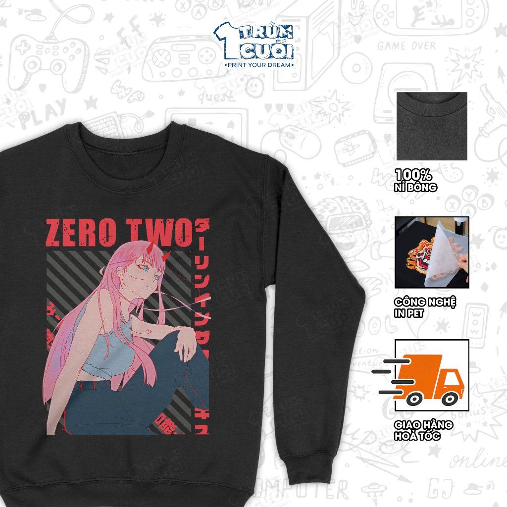  Áo Sweater Zero Two - Darling in the Franxx, Trùm Cuối Manga Anime, Unisex Nỉ Bông 100% 2 màu 0443 