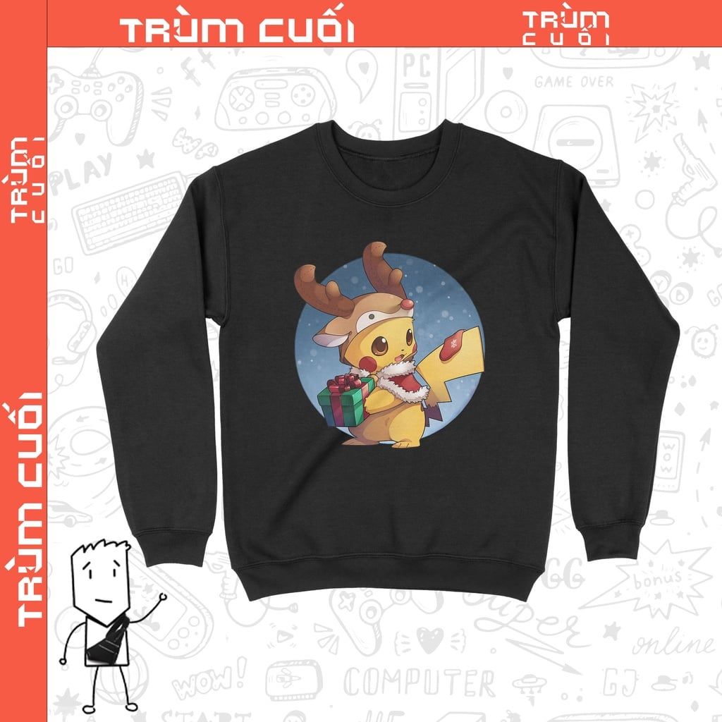  Áo Sweater Pikachu Tuần lộc, Trùm Cuối Christmas Cine, Cotton 100% 2 màu nam nữ 0180 