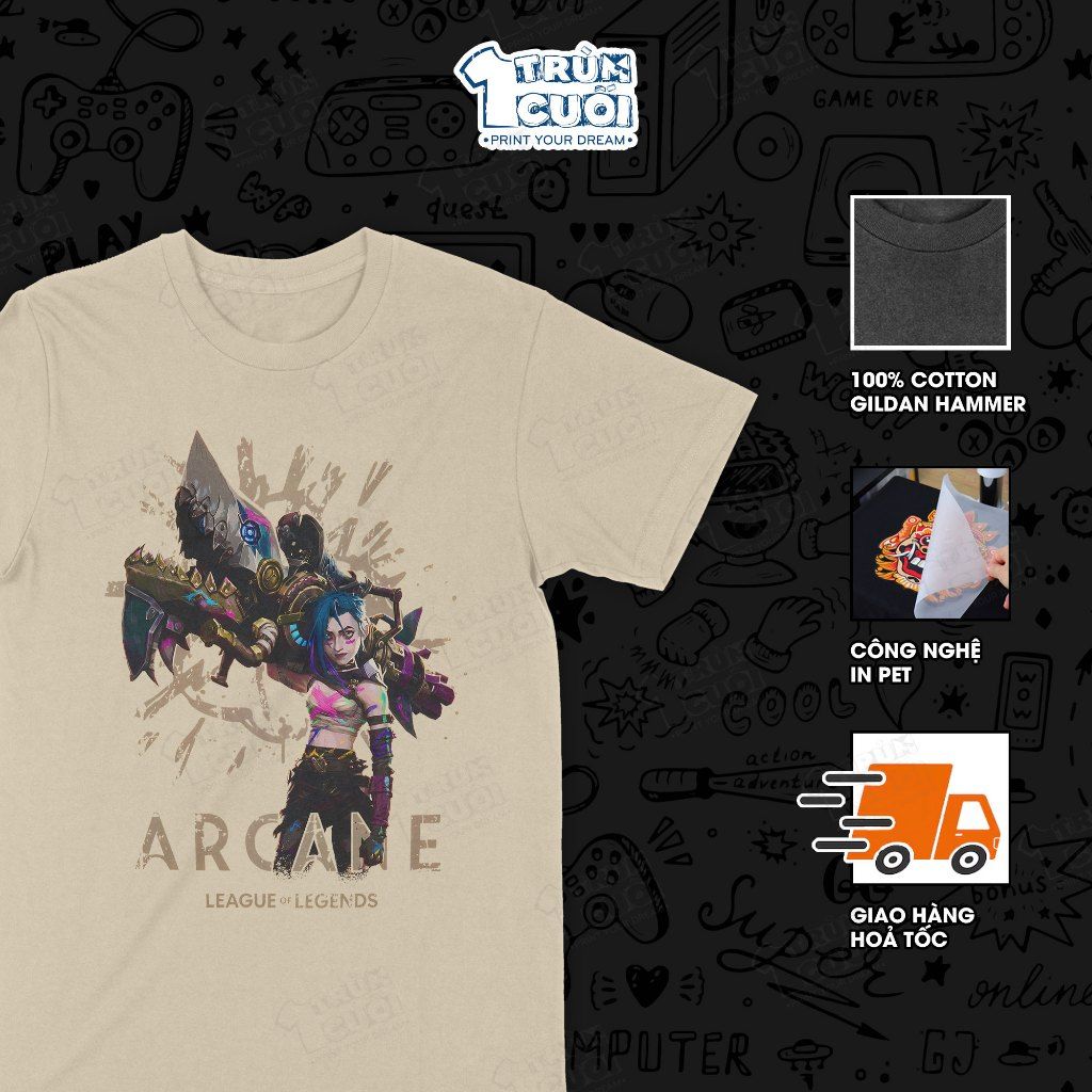  Áo thun Arcane Jinx Thần Đồng, Trùm Cuối Game Liên Minh Huyền Thoại, Unisex Cotton 100% 4 màu nam nữ 0449 