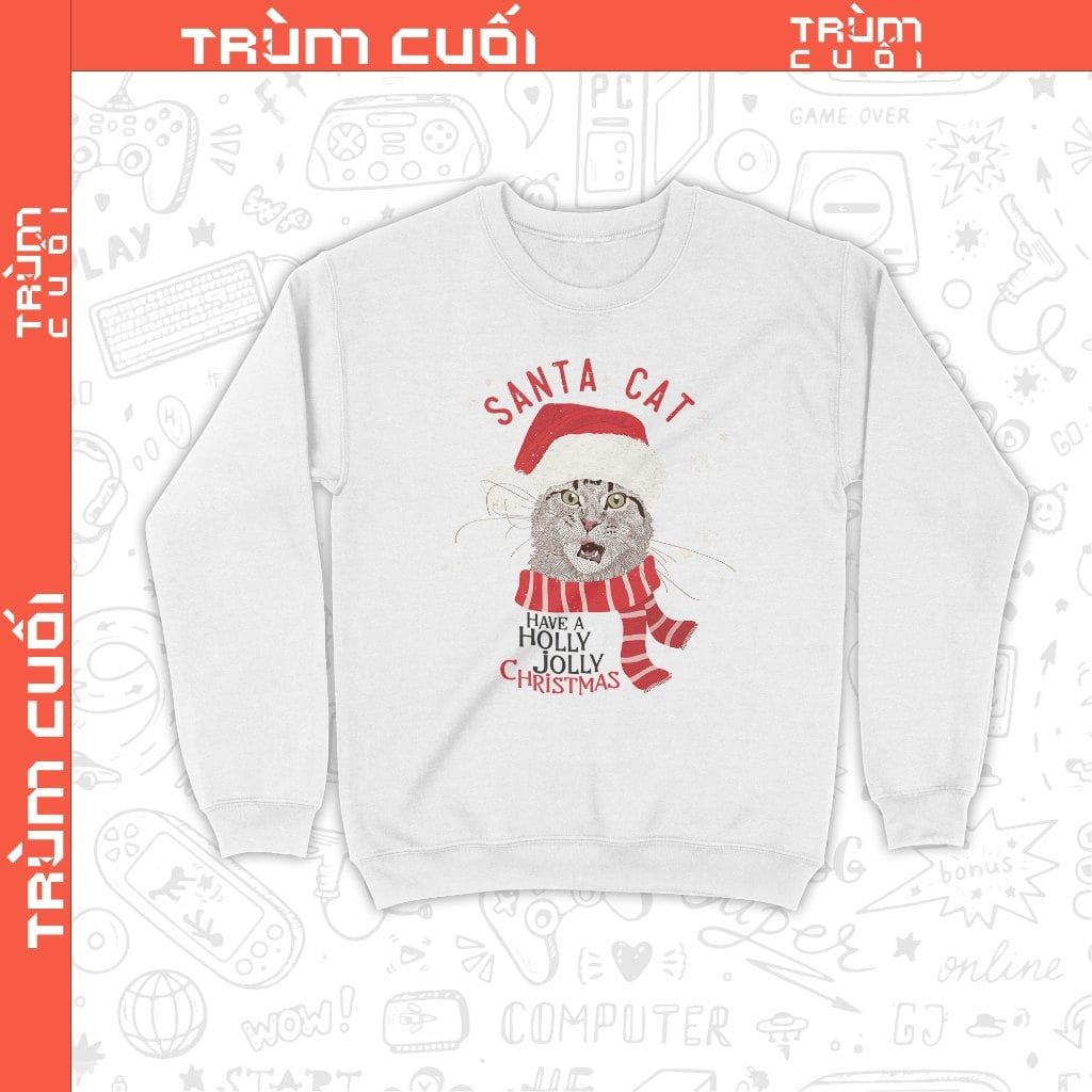 Áo Sweater Santa Cat, Trùm Cuối Christmas Festival, Nỉ Bông 100% Unisex nam nữ 0381 