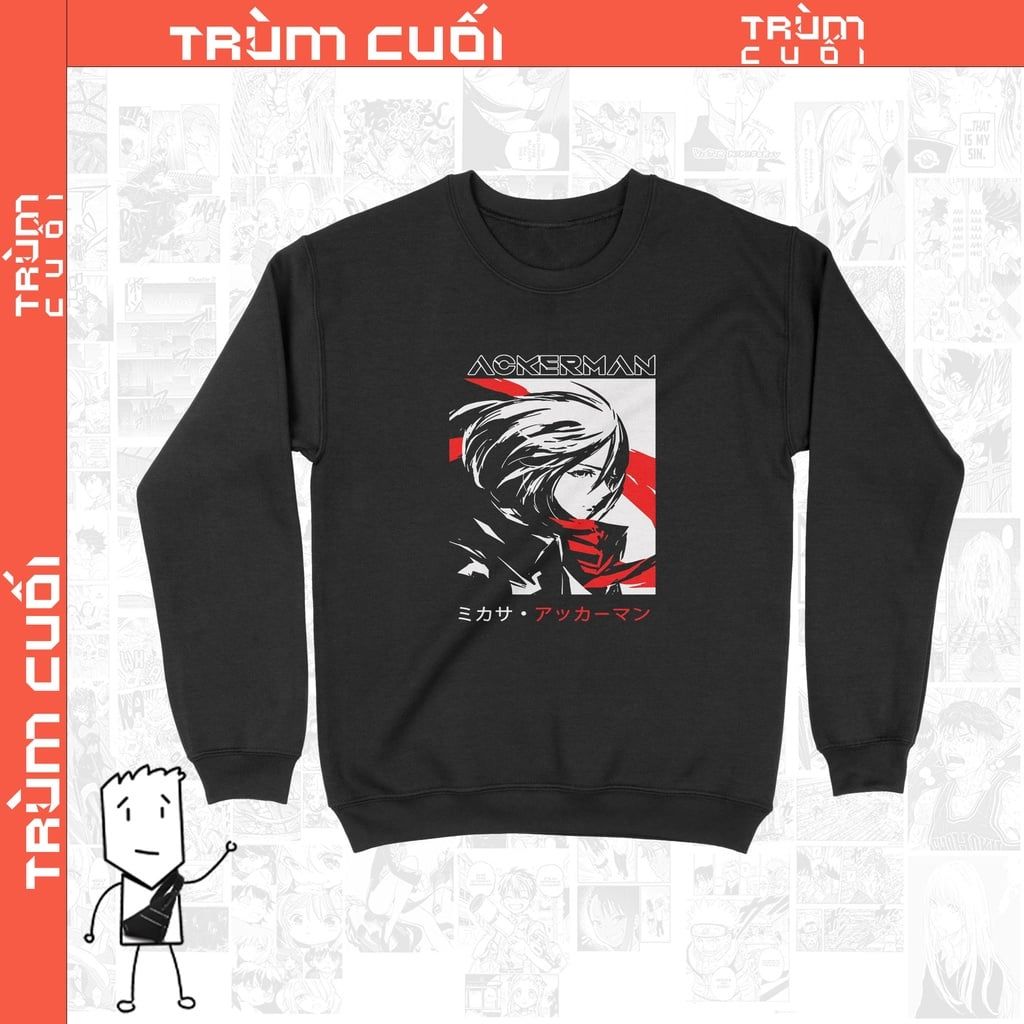  Áo Sweater Mikasa Ackerman Trùm Cuối Anime, Unisex Nỉ Bông 100% 2 màu nam nữ 0054 