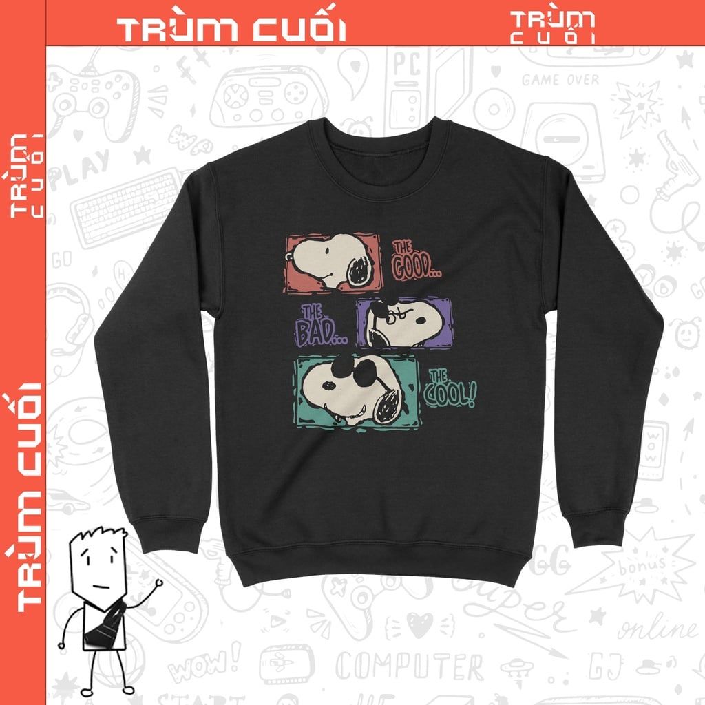  Áo Sweater Snoopy, Trùm Cuối Cartoon Cine, Unisex Nỉ Bông 100% 2 màu nam nữ 0206 