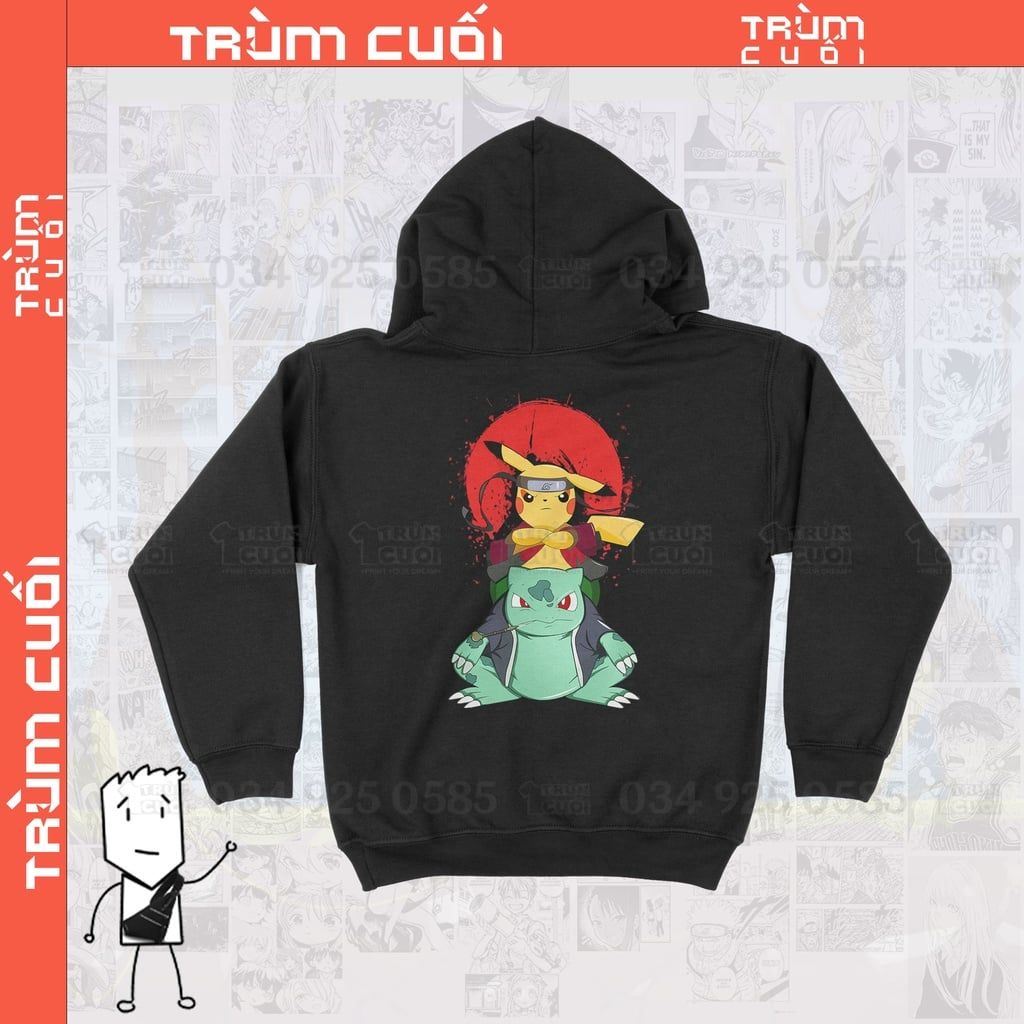  Áo Hoodie Pikachu X Naruto, Trùm Cuối Anime, Unisex Nỉ Bông 100% 2 màu nam nữ 