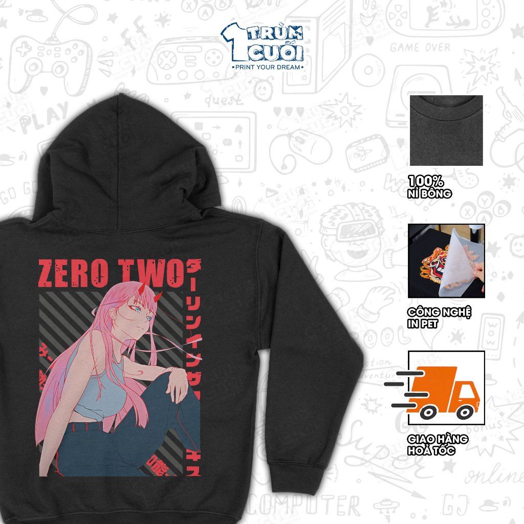  Áo Hoodie Zero Two - Darling in the Franxx, Trùm Cuối Manga Anime, Nỉ Bông 100% Unisex nam nữ 2 màu 0443 