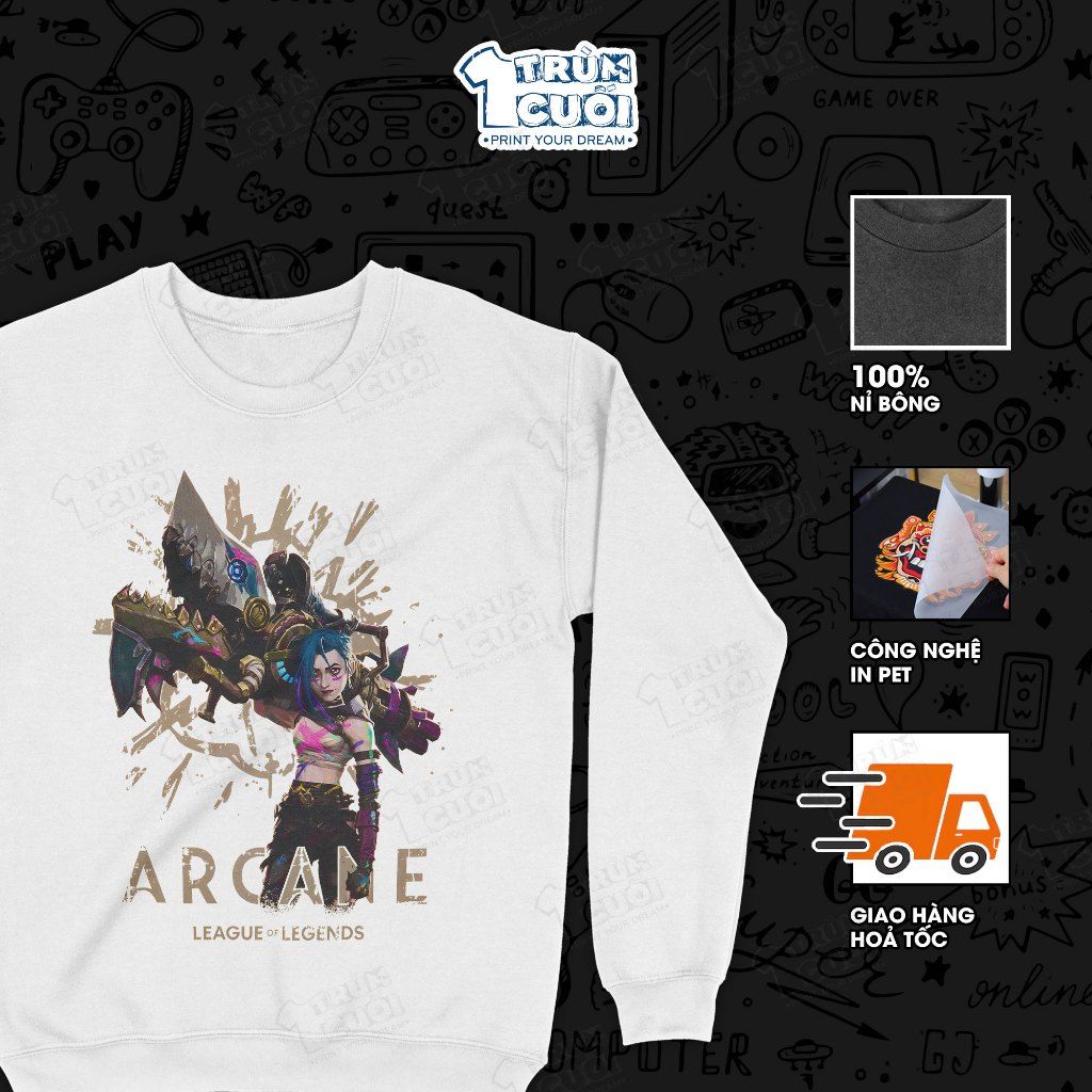  Áo sweater Arcane Jinx Thần Đồng, Trùm Cuối Game Liên Minh Huyền Thoại, Nỉ Bông 100% Unisex nam nữ 0449 