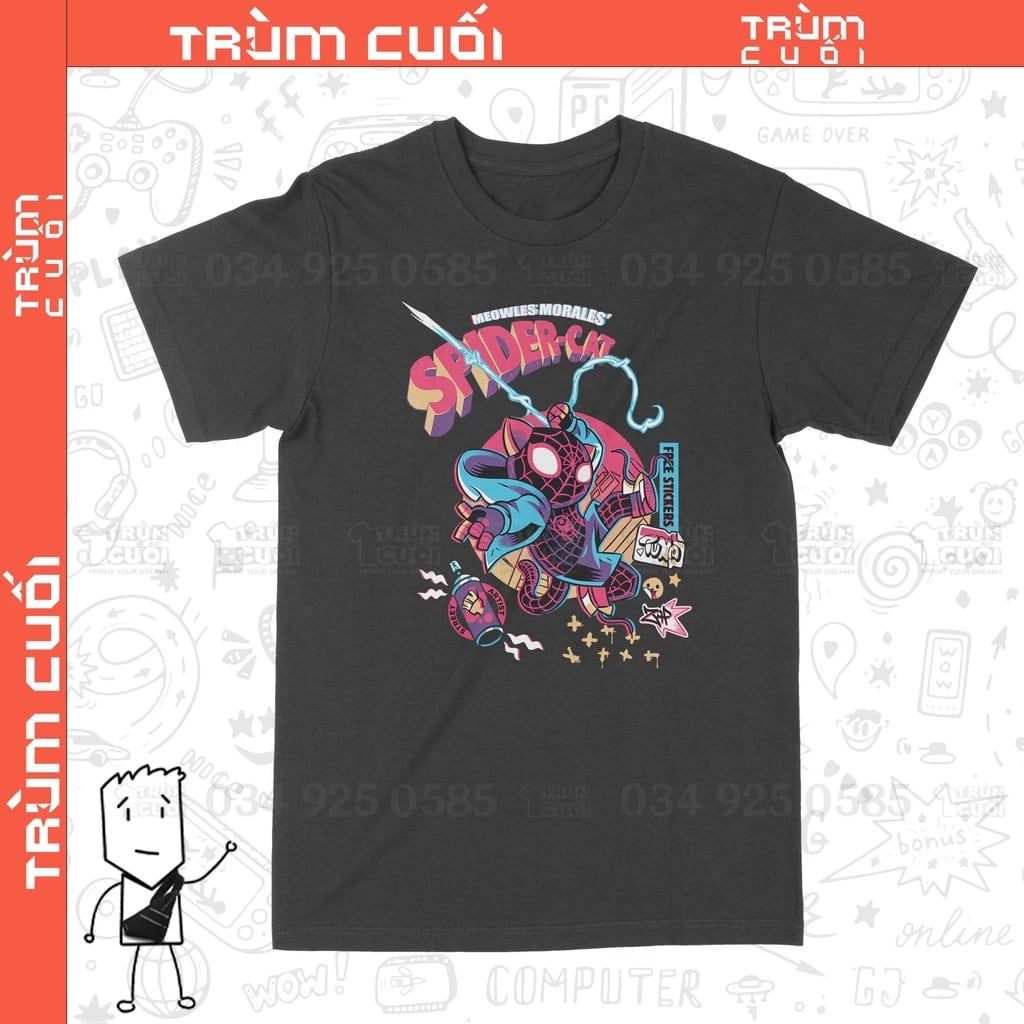  Áo thun Spider Cat - Mèo Morales, Trùm Cuối Marvel Cine, Unisex Cotton 100% 2 màu nam nữ 0225 