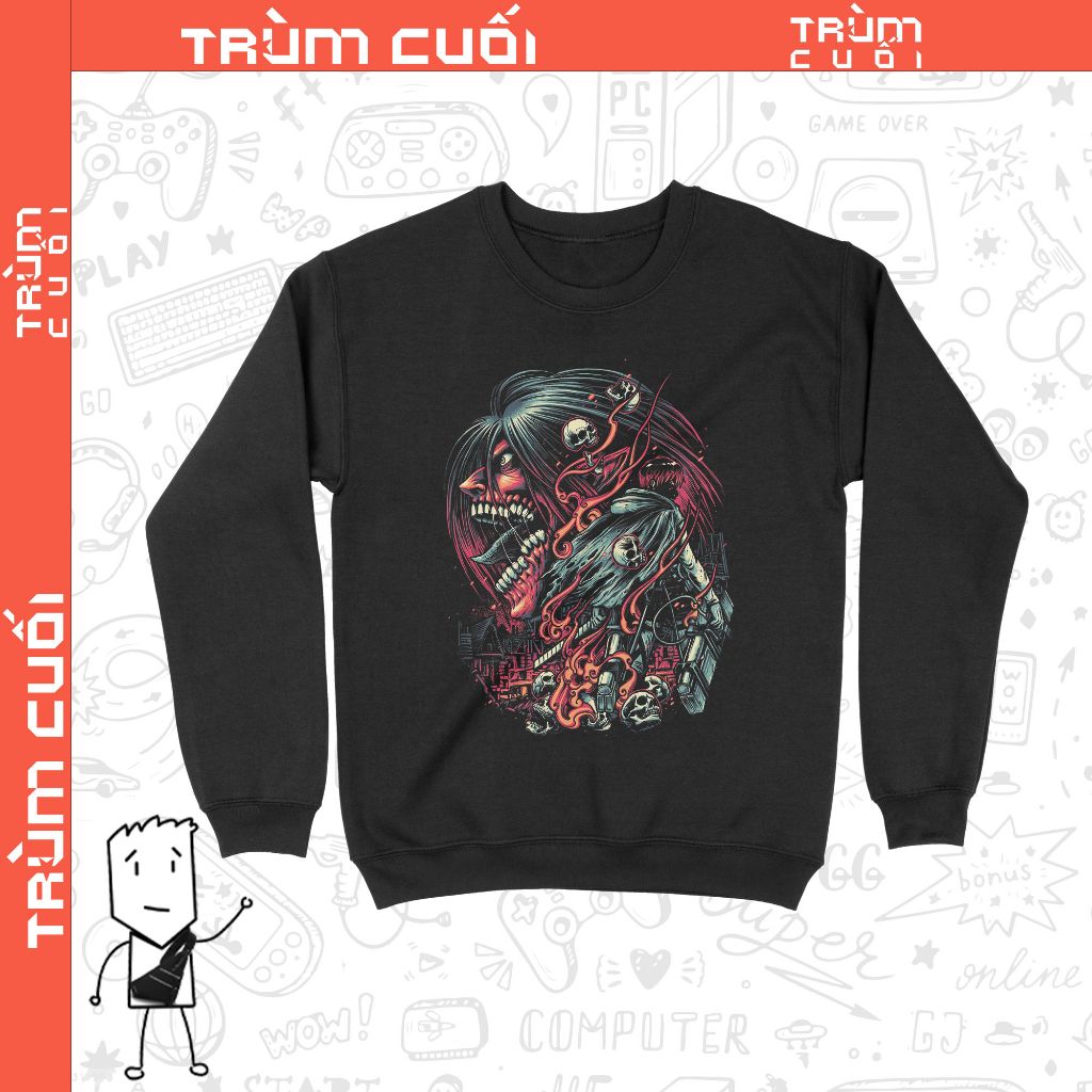  Áo Sweater Mecha Eren - Attack on Titan, Trùm Cuối Anime, Unisex Nỉ Bông 100% 2 màu nam nữ 0237 
