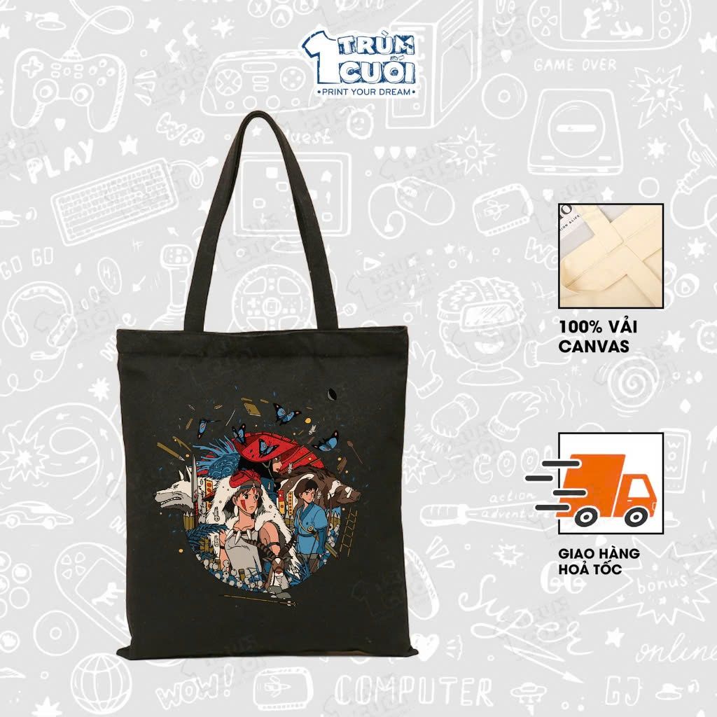  Túi Tote Ghibli, Trùm Cuối 2025, 100% vải Canvas 35x40 cm - Unisex Nam Nữ 2 màu đen trắng 