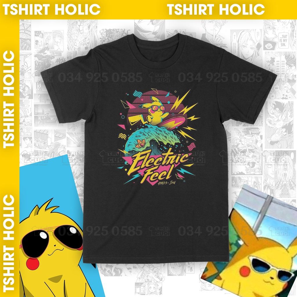  Áo thun Pikachu lướt sóng, Trùm Cuối Anime, Unisex Cotton 100% 2 màu nam nữ 0046 