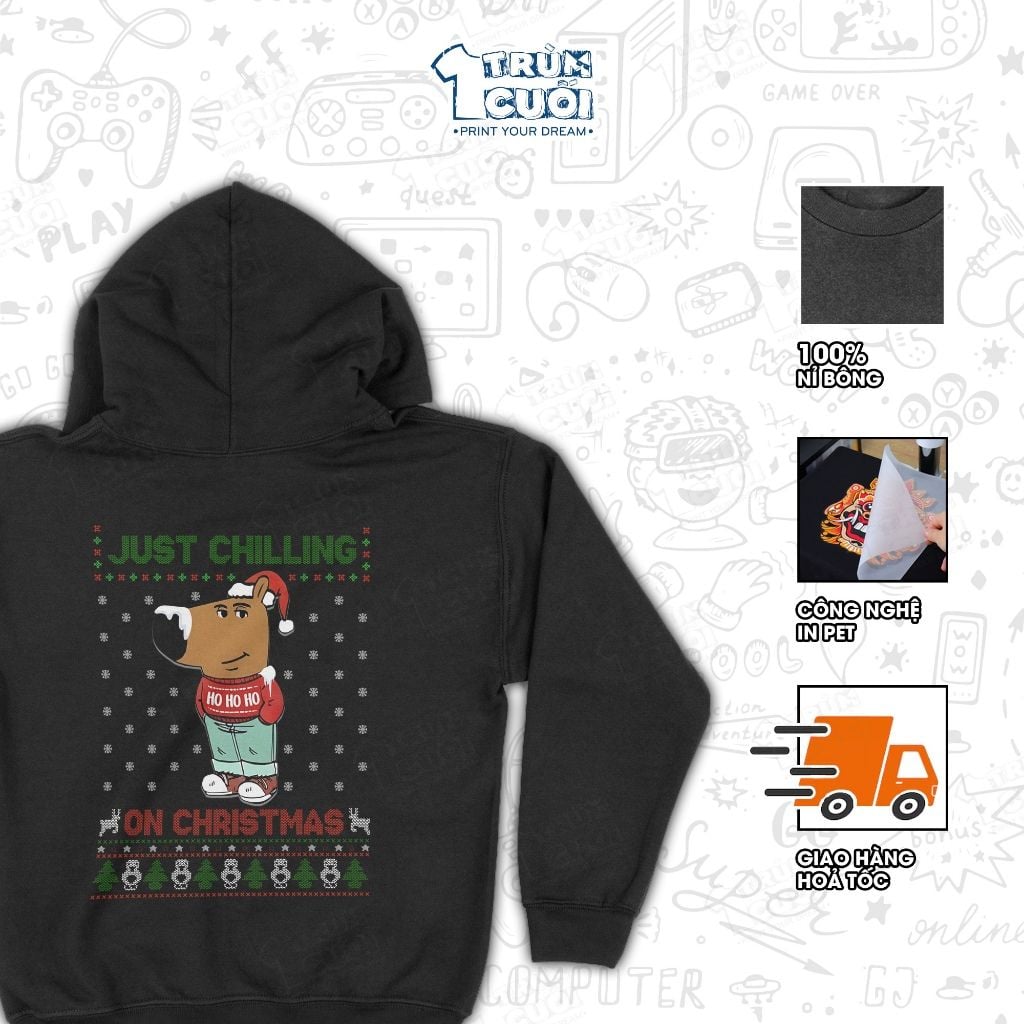  Áo hoodie 2 mặt Chill Guy Xmas, Trùm Cuối Meme, Nỉ Bông 100% Unisex nam nữ 0449 