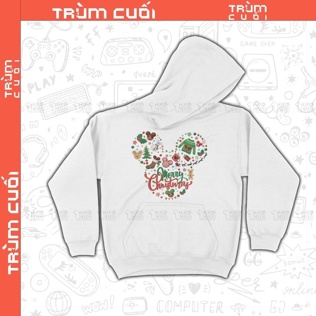  Áo Hoodie Chuột Mickey Xmas, Trùm Cuối Cartoon Christmas Festival, Nỉ Bông 100% Unisex nam nữ 0380 