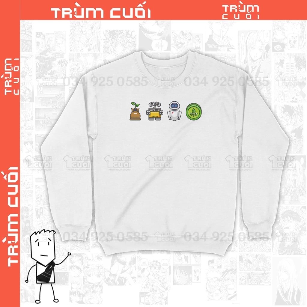  Áo Sweater Wall E, Trùm Cuối Cartoon Cine, Unisex Nỉ Bông 100% 2 màu nam nữ 0037 