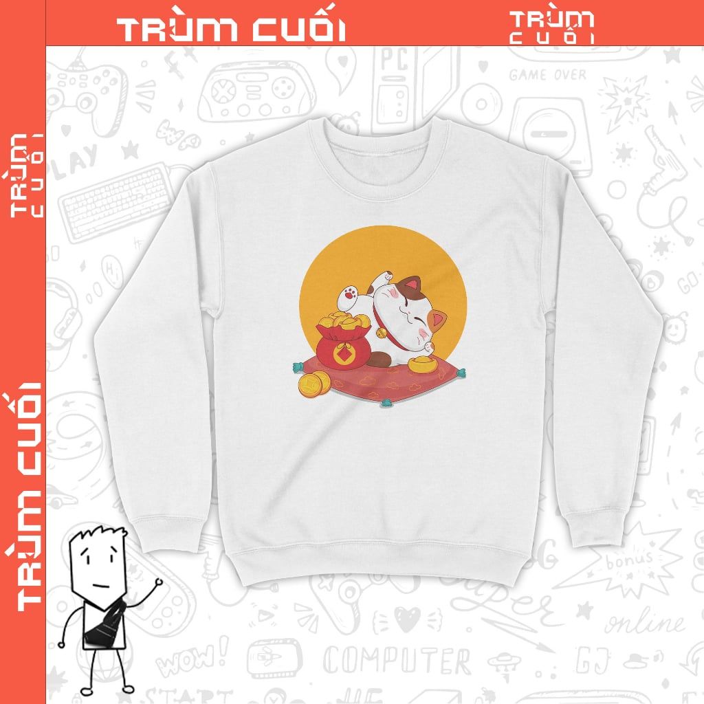  Áo Sweater Mèo Thần Tài Nằm Thảnh Thơi, Trùm Cuối TẾT 2023, Nỉ Bông 100% 2 màu nam nữ 0197 