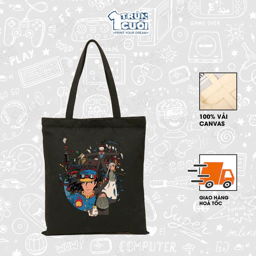 Túi Tote Ghibli, Trùm Cuối 2025, 100% vải Canvas 35x40 cm - Unisex Nam Nữ 2 màu đen trắng 