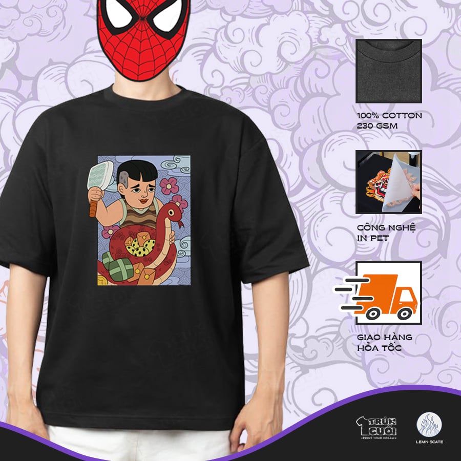  Áo thun oversize cậu Pảnh ôm Rắn Tía, Trùm Cuối x Đăng Hoả Chi Thần - Tết 2025, Unisex Cotton 100% 
