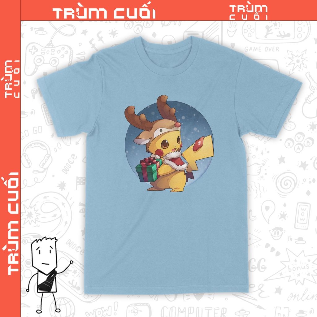  Áo thun Pikachu Tuần lộc, Trùm Cuối Christmas Cine, Cotton 100% 2 màu nam nữ 0180 