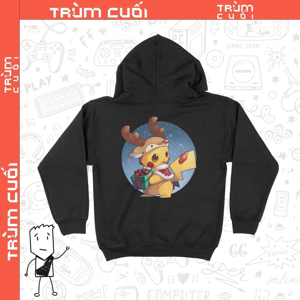  Áo Hoodie Pikachu Tuần lộc, Trùm Cuối Christmas Cine, Nỉ Bông 100% 2 màu nam nữ 0180 