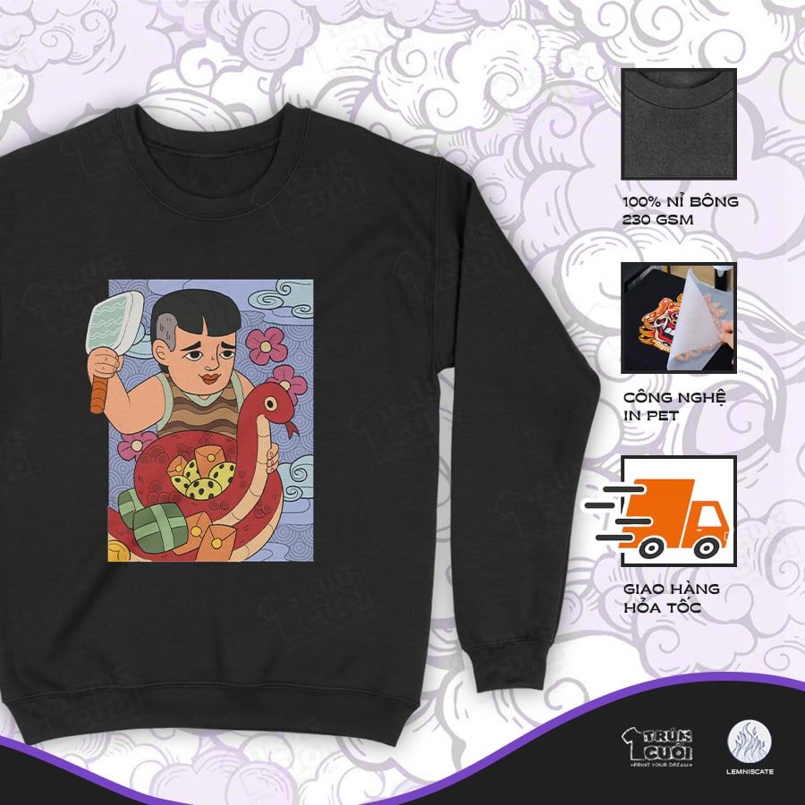  Áo sweater cậu Pảnh ôm Rắn Tía, Trùm Cuối x Đăng Hoả Chi Thần - Tết 2025, Nỉ Bông 100% Unisex nam nữ 