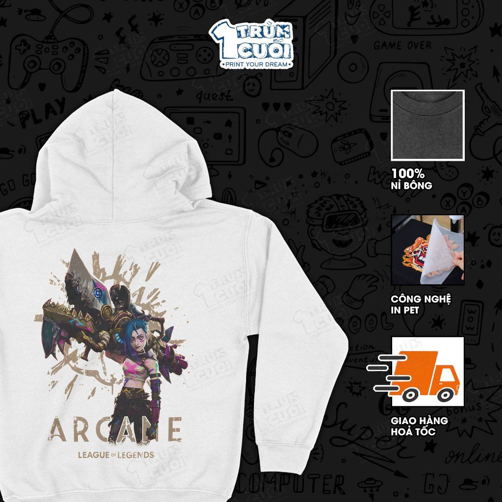  Áo hoodie Arcane Jinx Thần Đồng, Trùm Cuối Game Liên Minh Huyền Thoại, Nỉ Bông 100% Unisex nam nữ 0449 