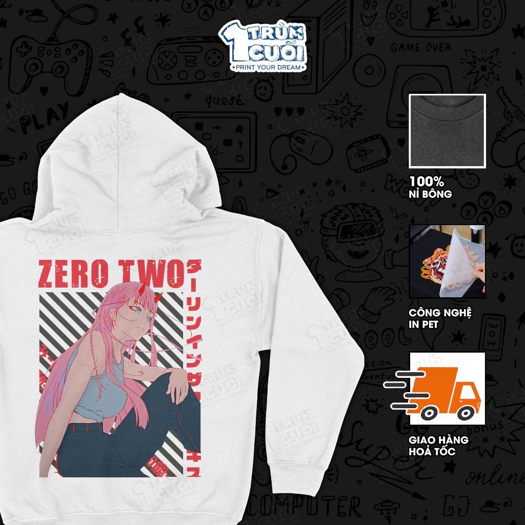  Áo Hoodie Zero Two - Darling in the Franxx, Trùm Cuối Manga Anime, Nỉ Bông 100% Unisex nam nữ 2 màu 0443 