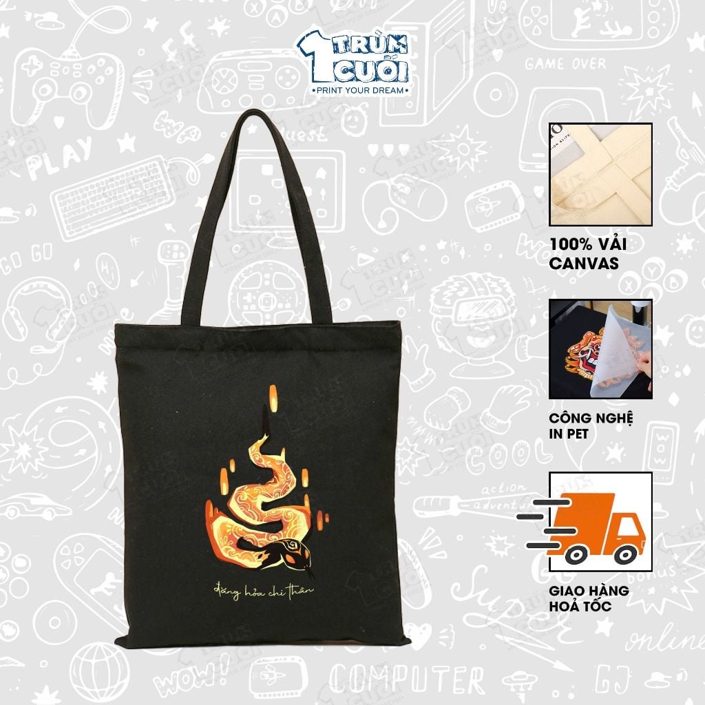  Túi Tote Đăng Hoả Chi Thần, Trùm Cuối 2025, 100% vải Canvas 35x40 cm - Unisex Nam Nữ 2 màu đen trắng 