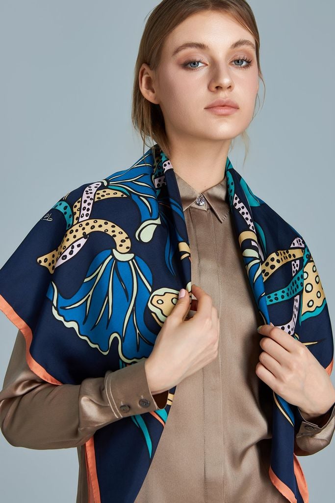 The Lotus Dance Silk Scarf / Blue Navy / Size 90x90