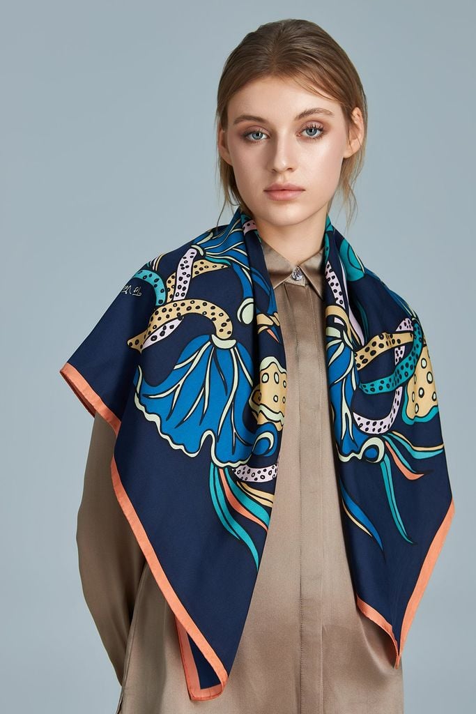 The Lotus Dance Silk Scarf / Blue Navy / Size 90x90